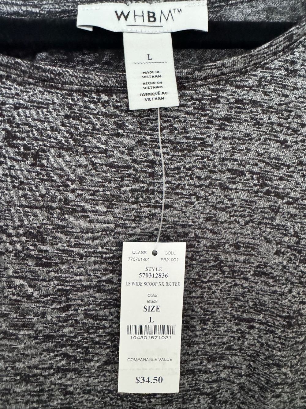 White House Black Market Black Marled Long-Sleeve Scoop Neck Tee